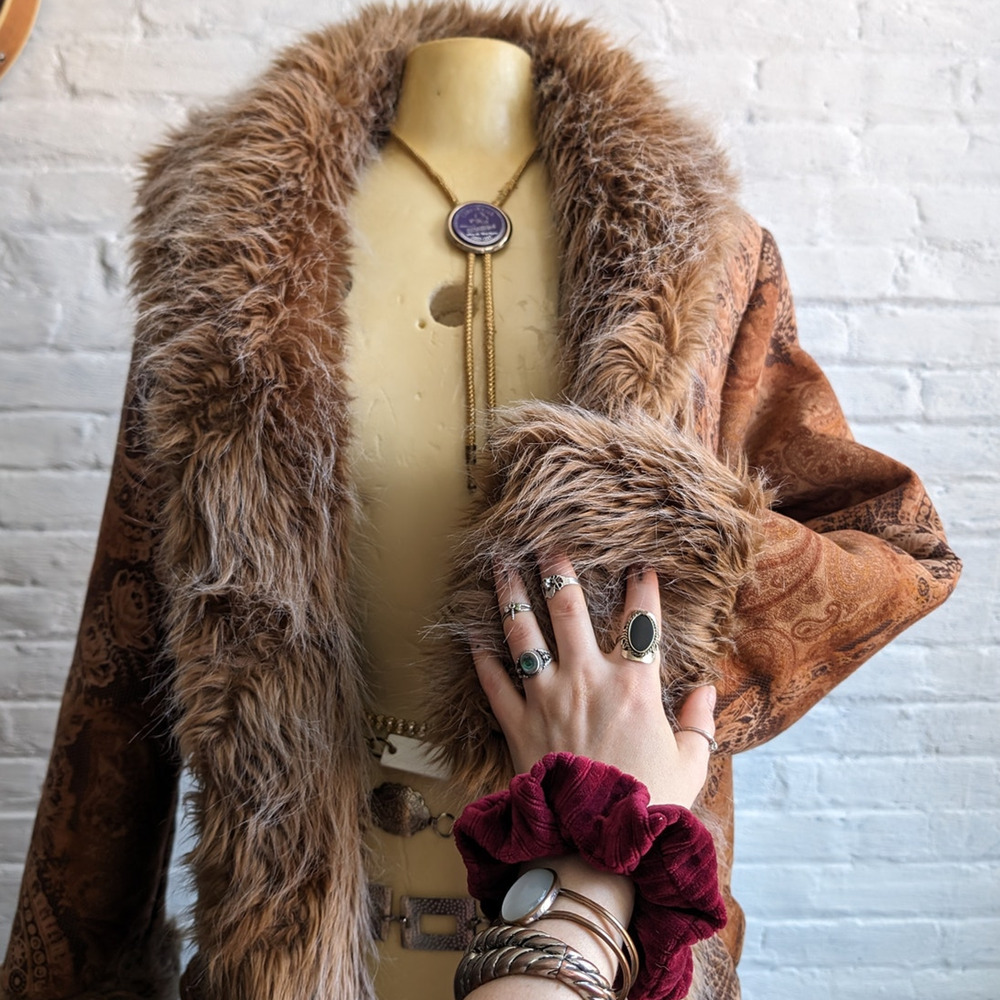90s Vintage Penny Lane Groovy Faux Fur Jacket Shaggy Afghan Tapestry Trench Coat - Picture 4 of 9
